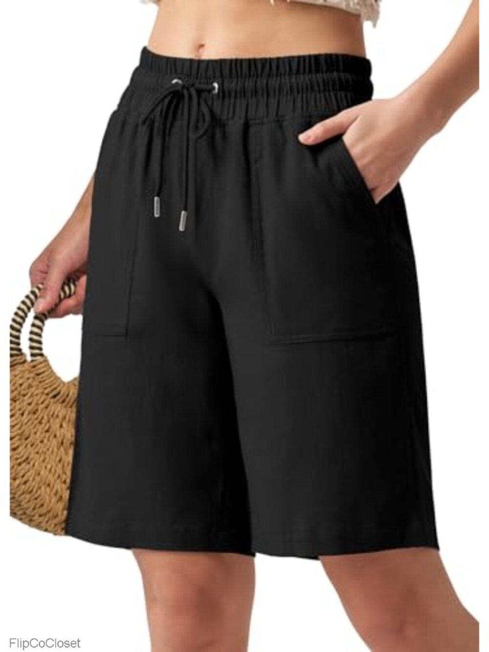 Lyocell Linen Blend Wide Leg Shorts with Pockets Drawstring